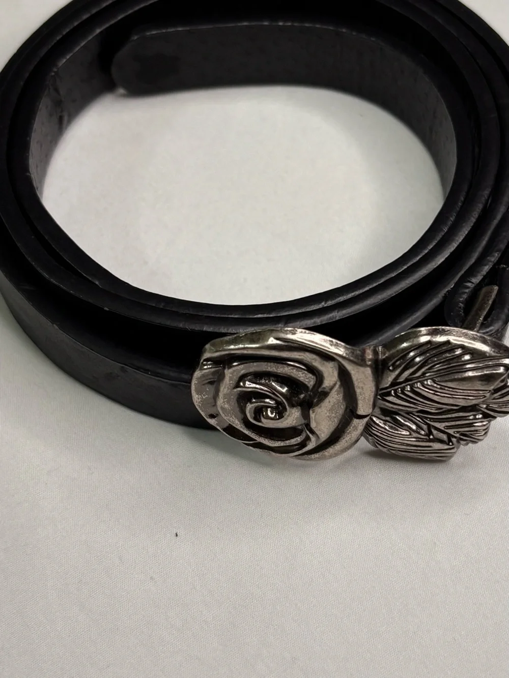 Forever 21 Women’s Black Leather Belt with Silver Rose Buckle